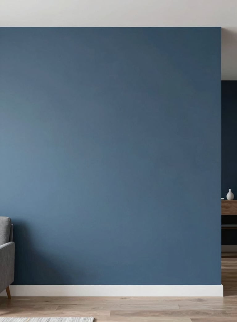 A modern living room interior featuring a perfectly painted slate blue (#1C3642) accent wall. The lighting is bright and even, showcasing a crisp, flawless finish and professional edge lines. The style is minimalist and high-end.