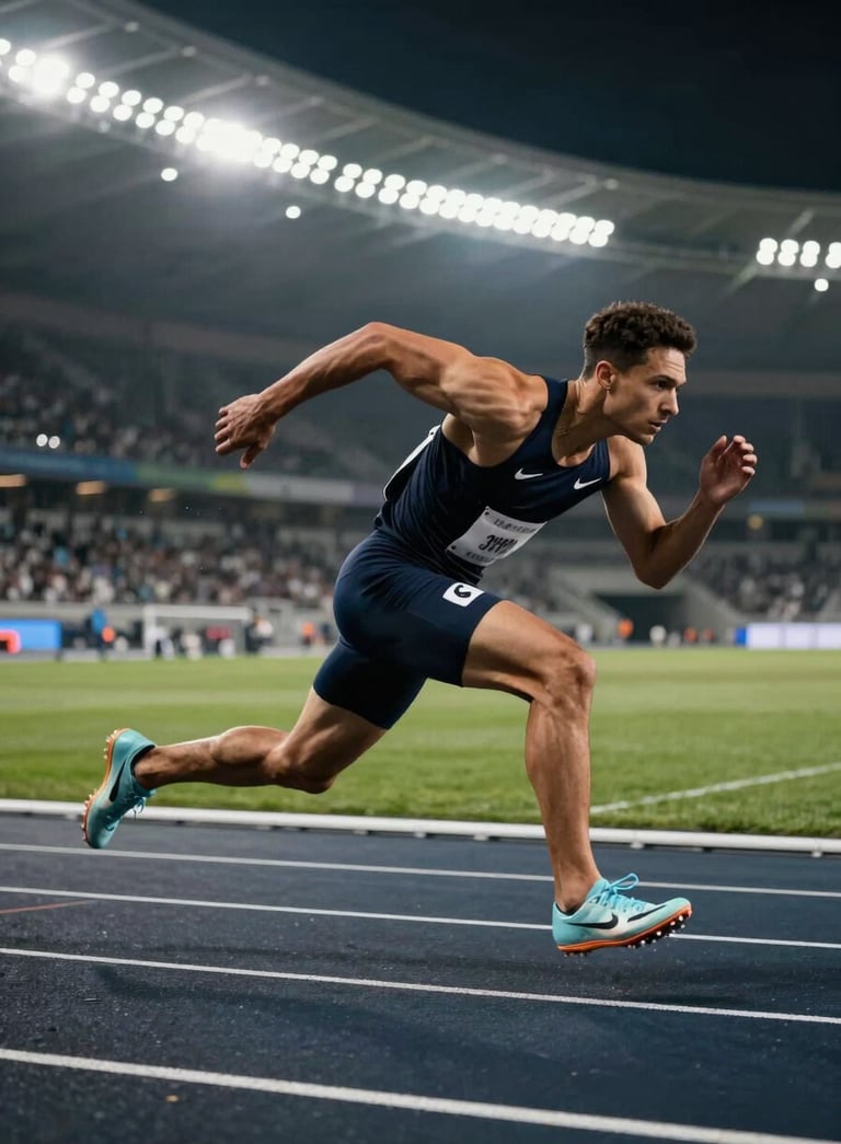 A professional athlete in mid-sprint on a dark track, illuminated by sharp stadium lights, in a palette of dark navy and steel grey, dynamic and sharp focus.