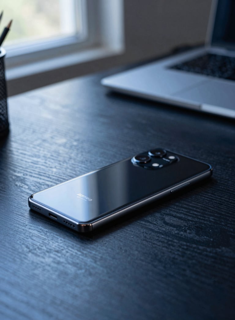 Photography of a high-end Android smartphone resting on a dark navy wooden desk, soft light from a side window, global / tech-savvy home office, sophisticated steel blue highlights in the background.