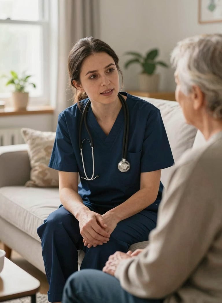 A warm, compassionate health worker in professional navy blue attire speaking kindly to an elderly person in a cozy, sunlit North American living room. The composition is intimate and focused on the supportive interaction.