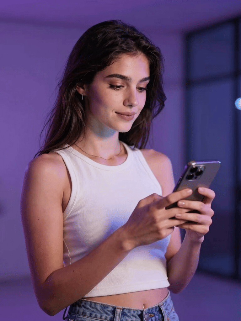 A confident influencer in a modern urban setting holding a smartphone, soft purple and deep blue ambient lighting, Global / International.