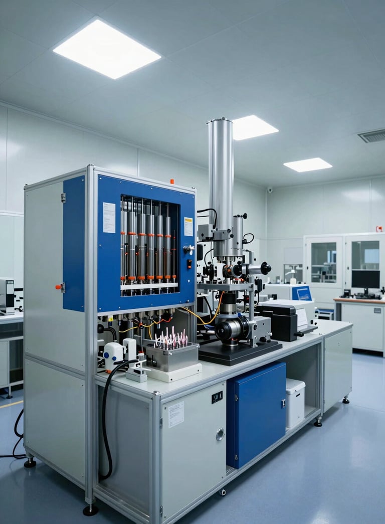 A professional wide-angle shot of a clean, high-tech semiconductor fabrication room with sterile lighting and Deep Blue accents on the equipment, Global / Industrial.
