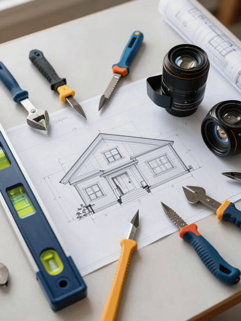 A top-down view of professional roofing tools, a level, and a architectural plan of a house laid out on a clean workbench, soft daylight, professional and organized atmosphere, deep navy and steel blue accents.
