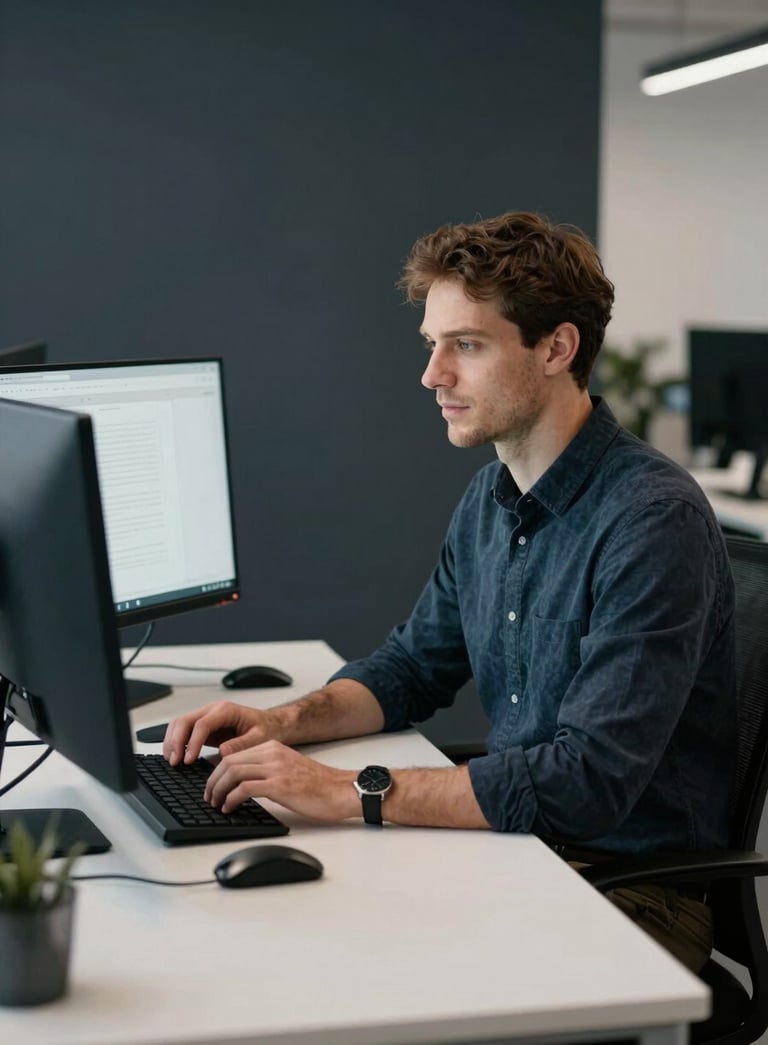 A high-end professional portrait of a developer working at a desk with two monitors in a modern North American / US tech office. The lighting is soft and natural, with dark slate navy shadows and soft off-white highlights, reflecting a professional and competent mood.