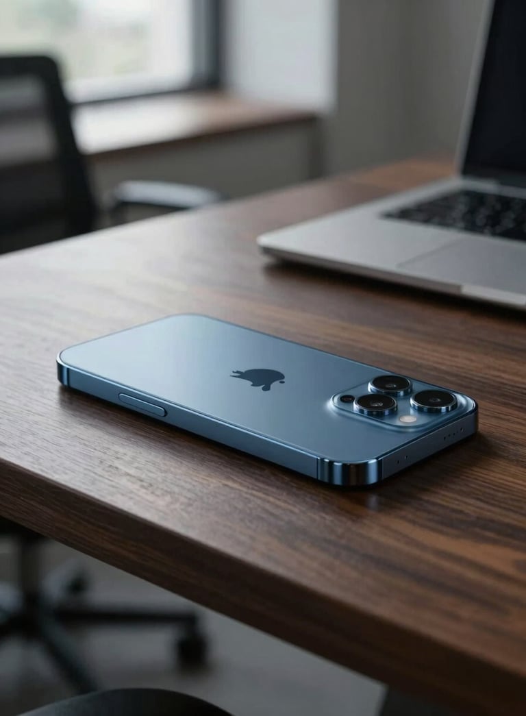 Close-up photography of a sleek, high-end smartphone with a steel blue finish resting on a dark wood desk in a modern Seattle office, soft natural side lighting, minimalist environment.