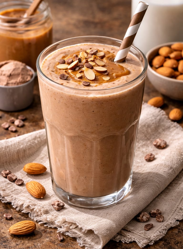 Batido de proteína con mantequilla de almendras y leche de almendras, un desayuno energético sin lác