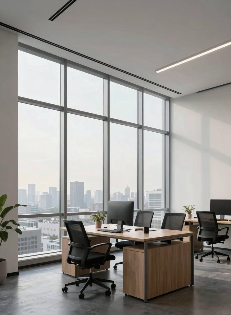 A minimalist North American office interior with floor-to-ceiling windows, clean architecture, and soft natural morning light illuminating a professional workspace.