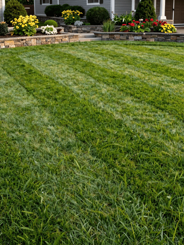 A wide-angle landscape photograph of a perfectly manicured lawn with crisp edges and vibrant green grass, featuring a sophisticated stone garden bed with perennials in a North American / US suburban setting under soft morning light.