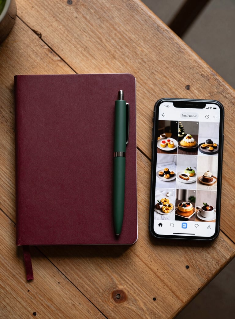 A top-down view of a rustic wooden table in a North American / European setting, featuring a deep ripe crimson notebook, a matte forest green pen, and a high-end smartphone displaying a curated social media feed of artisanal food photography.