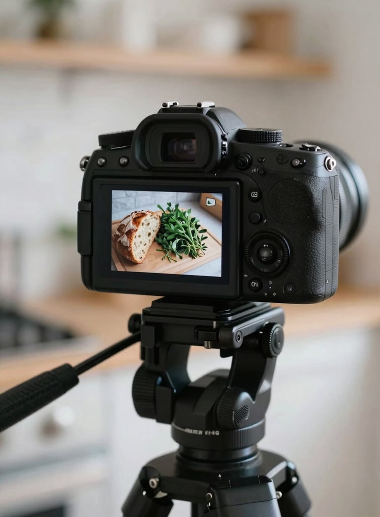 Close-up of a professional camera on a tripod in a bright, scandinavian-style kitchen, focus on a digital screen showing a layout of fresh bread and matte forest green herbs. Soft natural lighting, professional and clean.