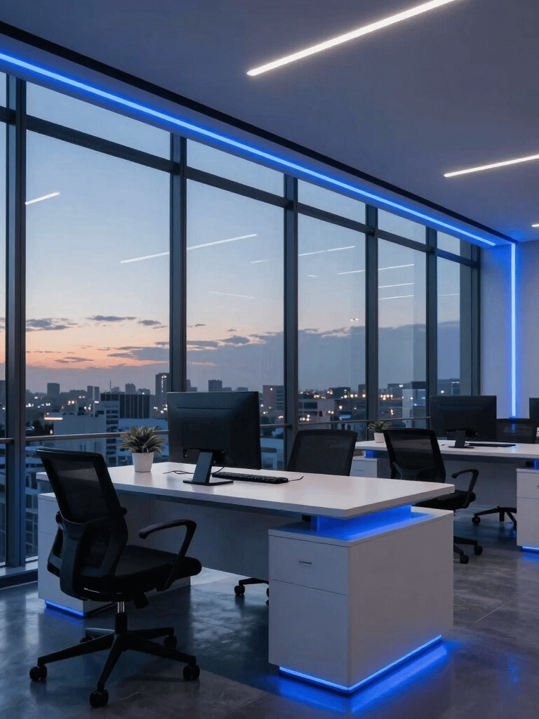 A sophisticated South American Brazilian office at dusk with panoramic windows, where electric blue neon lines accentuate the sharp, modern furniture and high-tech atmosphere.