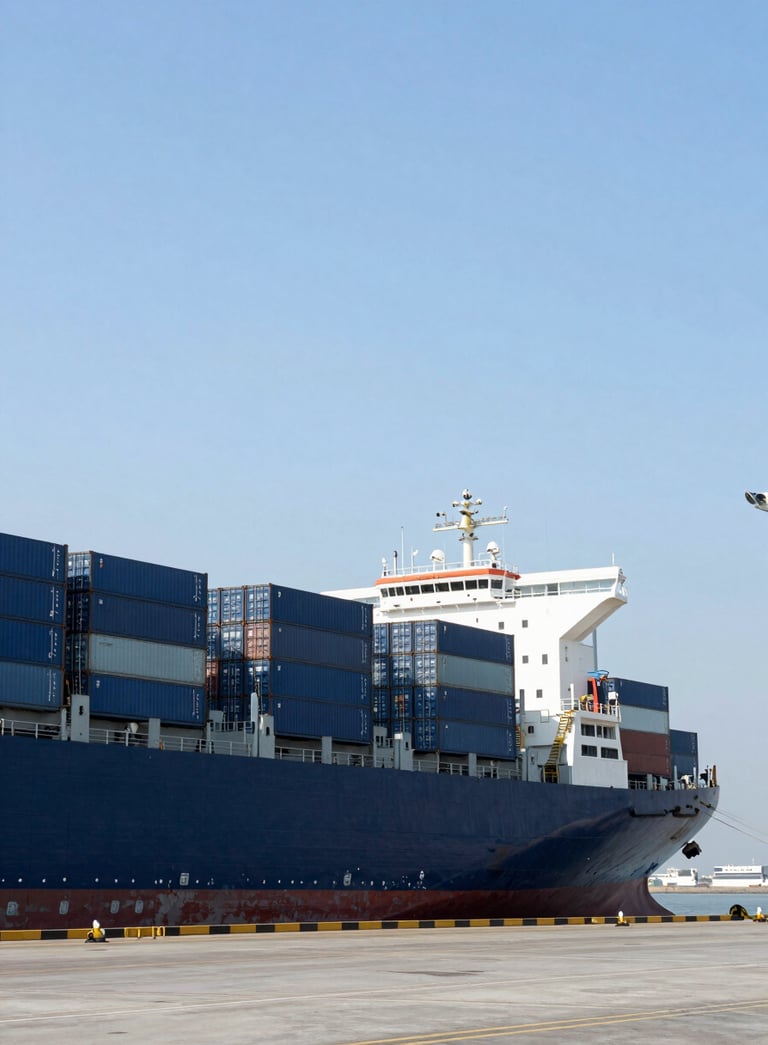 A wide-angle, professional photograph of a massive cargo ship docked at the Ningbo port, featuring navy blue containers, clear sky, and bright, optimistic daylight.