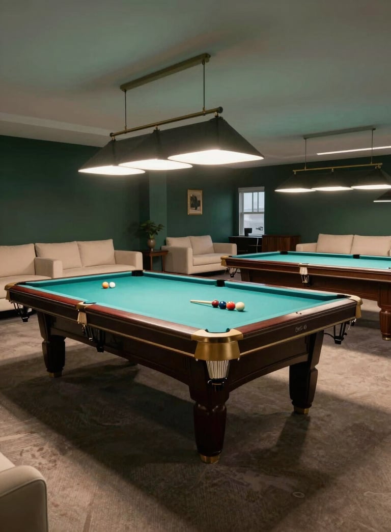 A wide, clean shot of an upscale billiards room in Alpharetta. The room features dark slate green walls, soft cream furniture, and professional lighting focused on several well-maintained pool tables.