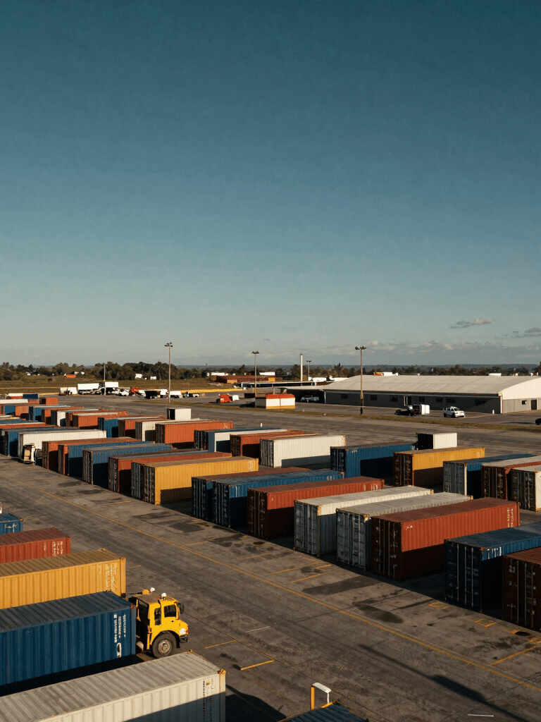 A vast paved logistics yard in South America with organized cargo containers and transport infrastructure, clear sky, professional photography, utilizing a palette of dark blue and gold mustard colors.
