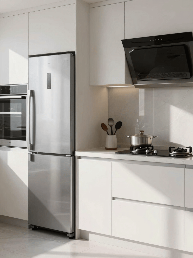 A pristine, modern Middle Eastern / Gulf kitchen featuring high-end appliances, illuminated by natural sunlight to evoke a clean, professional, and trustworthy mood.