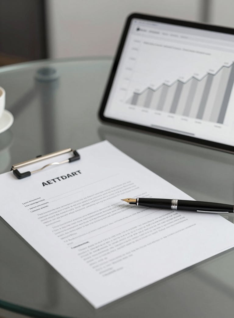 Sophisticated office setting with a glass desk, a fountain pen on a loan contract, and a tablet showing a growing financial chart, using tones of #1A2A2A and #F8F5EF.