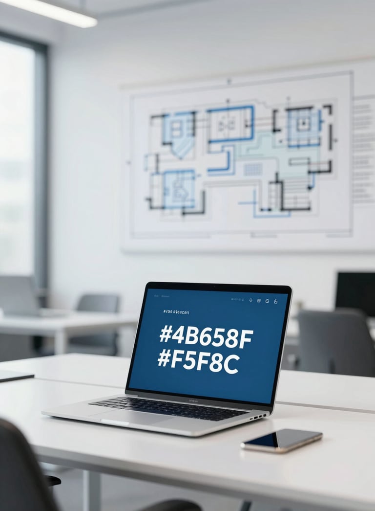 A modern, professional office workspace with clean lines, a laptop, and strategic blueprints on the wall, bright and insightful atmosphere, highlighting #4B6587 and #F5F8FC tones.
