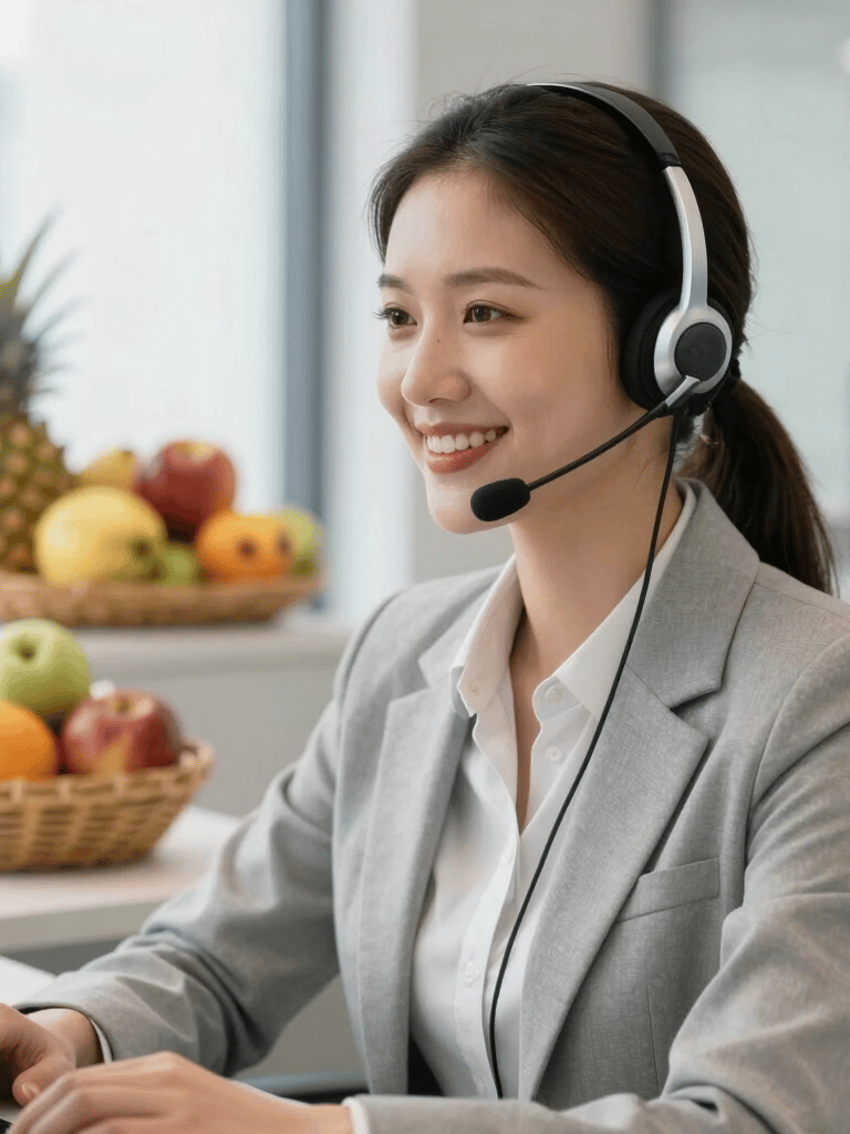 A professional customer service representative wearing a sleek headset, smiling warmly in a bright, modern Brazilian office with a soft-focus background of baskets containing fresh tropical fruits.
