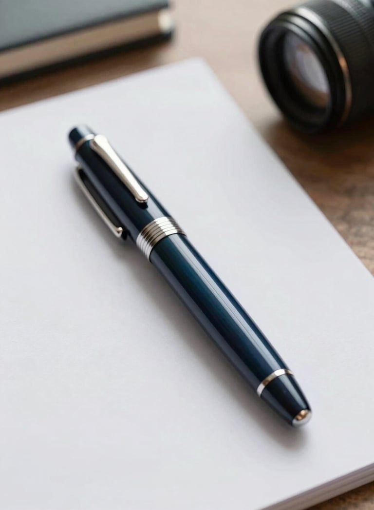 A close-up photograph of a luxury fountain pen resting on a crisp white document, professional office environment in European Portuguese style, soft natural morning light, palette with deep navy blue and teal accents.