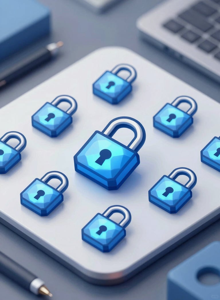 Clean digital illustration of glowing Blue Gem Locks from Growtopia arranged artistically on a sleek professional surface, incorporating colors #2C5D8B and #F0F8FF.