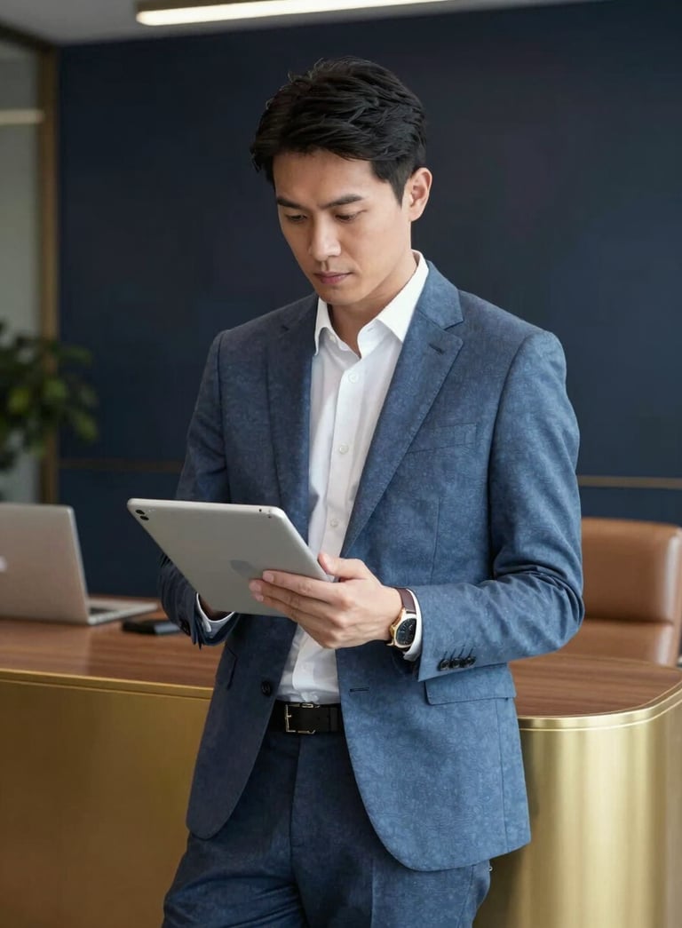 A sophisticated professional in a slate blue blazer looking at a tablet in a modern office with gold tan furniture accents and dark navy walls.