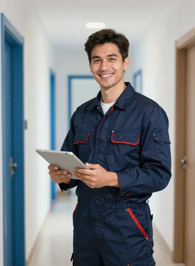 A professional electrician in a navy blue uniform holding a tablet and smiling in a bright, modern European / Spanish hallway. Soft sky blue accents, professional and friendly atmosphere.