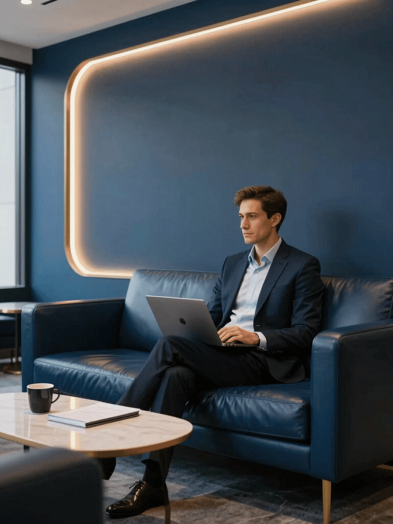 A stylish, dark blue themed business lounge in a North American / US metropolitan building. Gold lighting accents, leather seating, and a confident, professional vibe for executive recruitment.