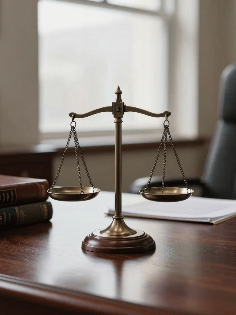 A close-up of a mahogany office desk with a classic scale of justice, leather-bound books, and a view of a bright office window in the background, Sul-americano style, professional lighting.