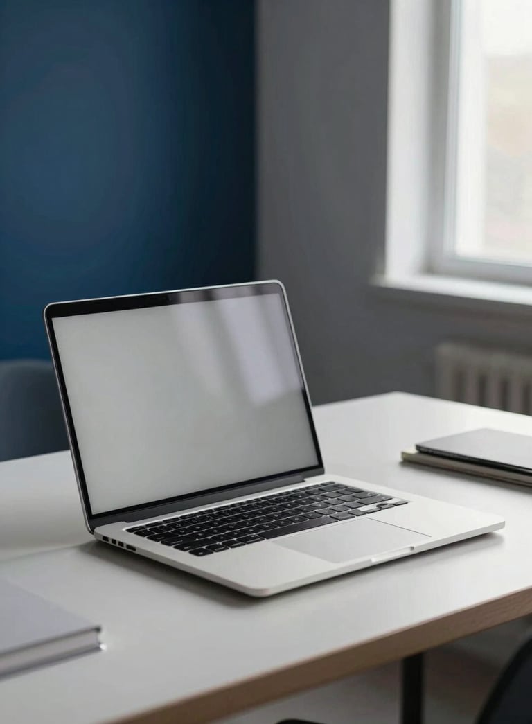 Professional photography of a minimalist workspace in a North American / US creative studio. A sleek aluminum laptop sits on a light desk, with subtle accents of Deep Midnight Blue in the background decor. Soft morning light streams through a window, creating a sophisticated and innovative mood.