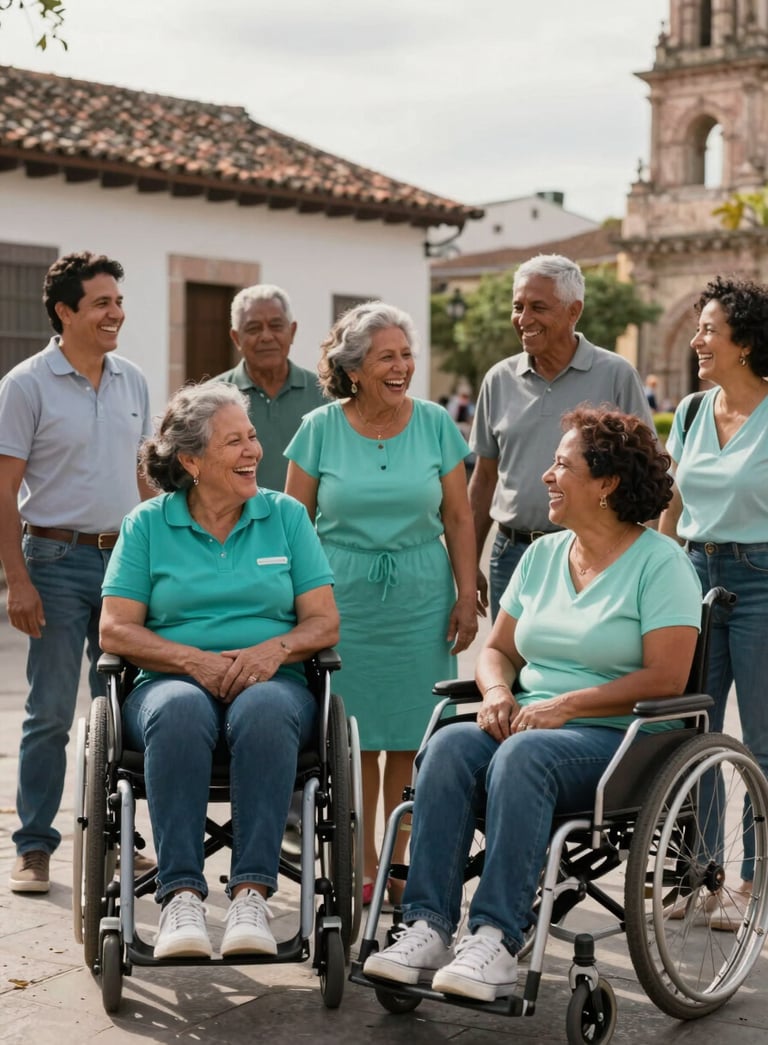 A diverse and joyful group of people including individuals with visible disabilities laughing together in a sunny Latin American / Spanish town square, soft sunlight, professional photography, teal and soft aqua clothing details.
