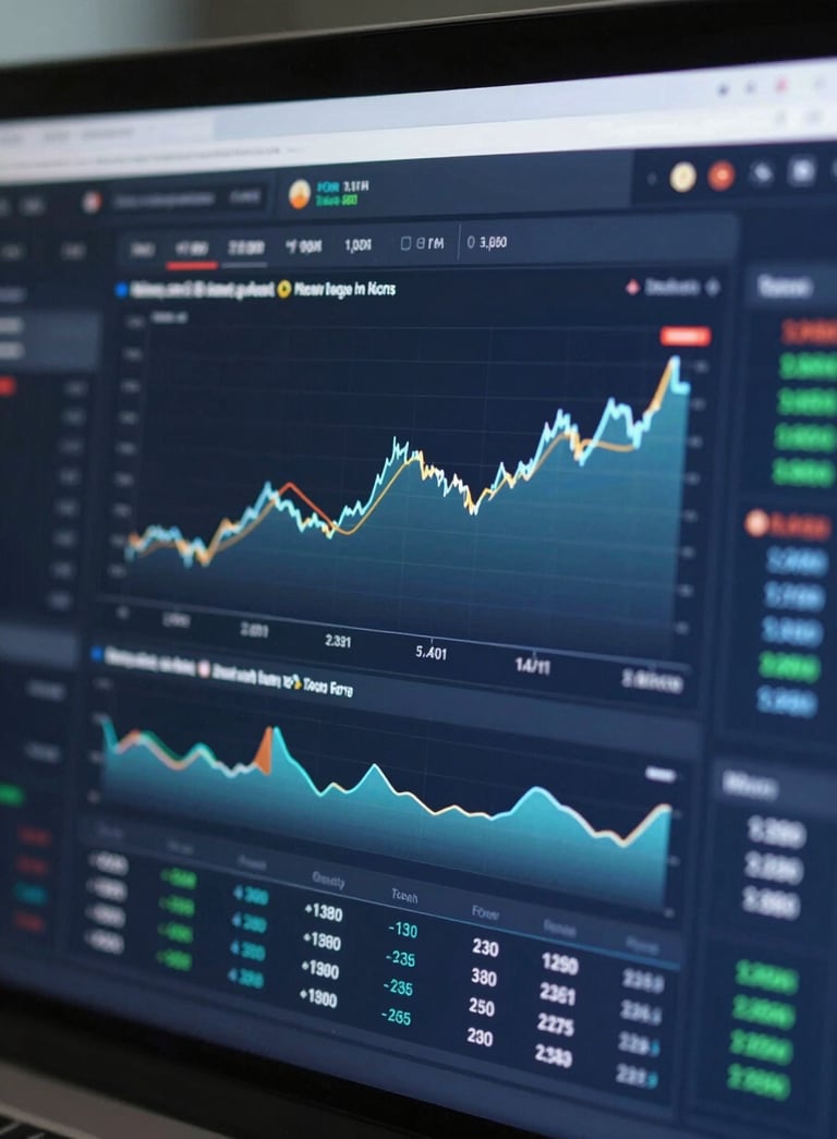 A close-up of a high-tech financial dashboard displaying real-time market growth curves and AI analytical data, clean interface, soft lighting, incorporating #1C3B4E and #E0E8F0.