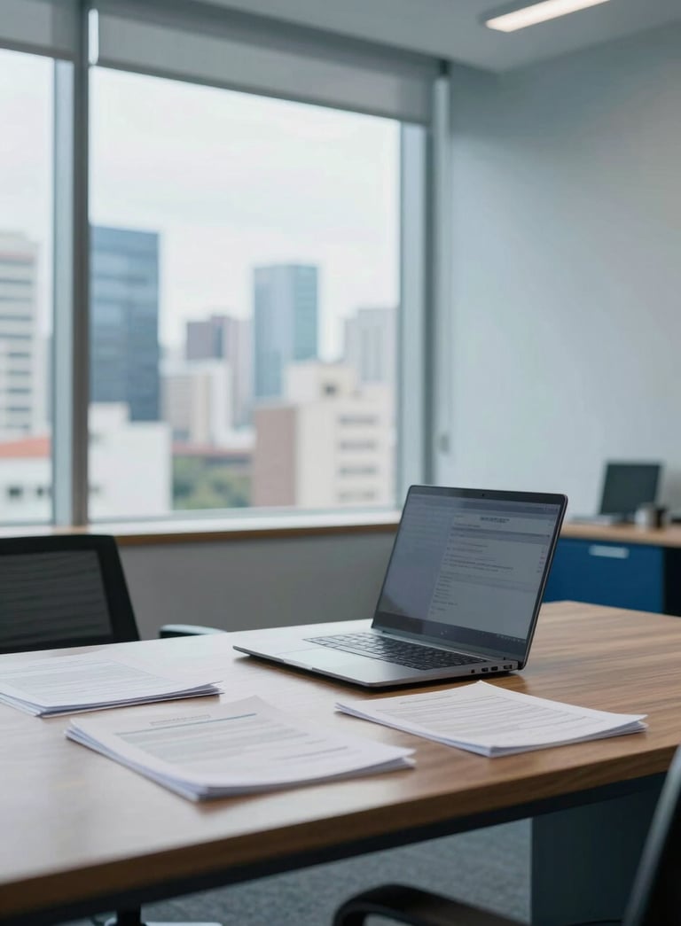 Photography of a bright, modern logistics office in a South American city. Large windows in the background reveal a soft-focus urban skyline. A clean mahogany desk features a sleek laptop and organized paperwork. Professional and trustworthy atmosphere with light blue and dark blue accents.