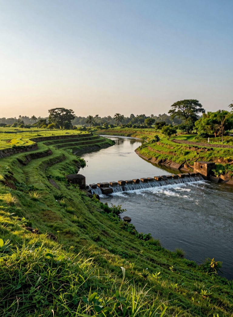 Wide angle photography of a lush South Asian watershed landscape during the golden hour, featuring contour bunding and a small stone check dam, with vibrant greenery and a clear sky.