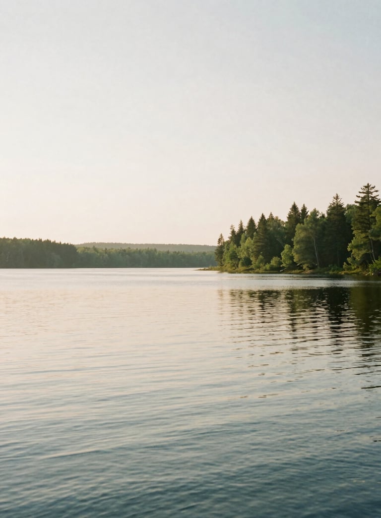 A wide photography shot of a peaceful North American landscape at sunrise. The soft light of a new day reflects on a calm body of water, symbolizing hope and resilience. The color palette features soft greens and off-white hazy light, creating a serene and welcoming atmosphere.