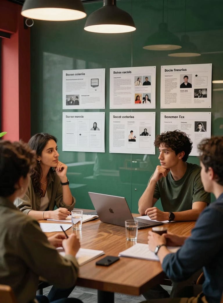A collaborative meeting in a modern creative agency in Mexico, with social media planning charts on a glass wall, warm professional lighting, crimson red and forest green design accents.
