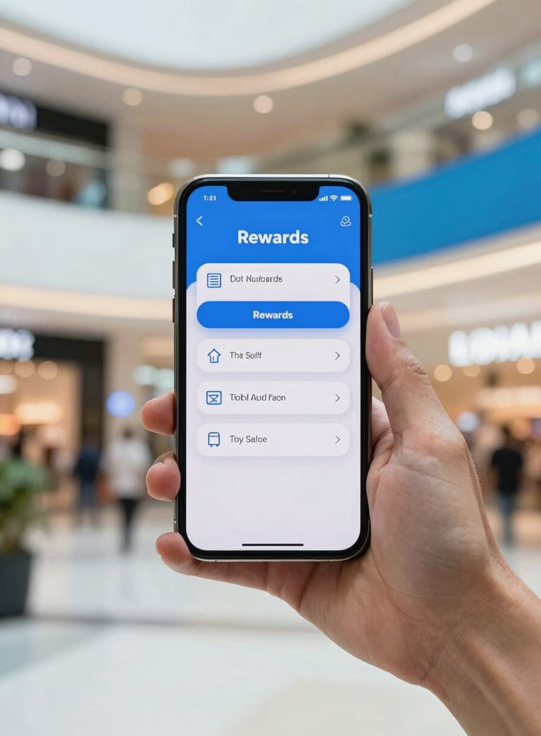 Clean photography of a smartphone held in a hand, displaying a digital wallet with rewards points, set against a blurred background of a trendy Indian shopping mall with white and vibrant blue decor.