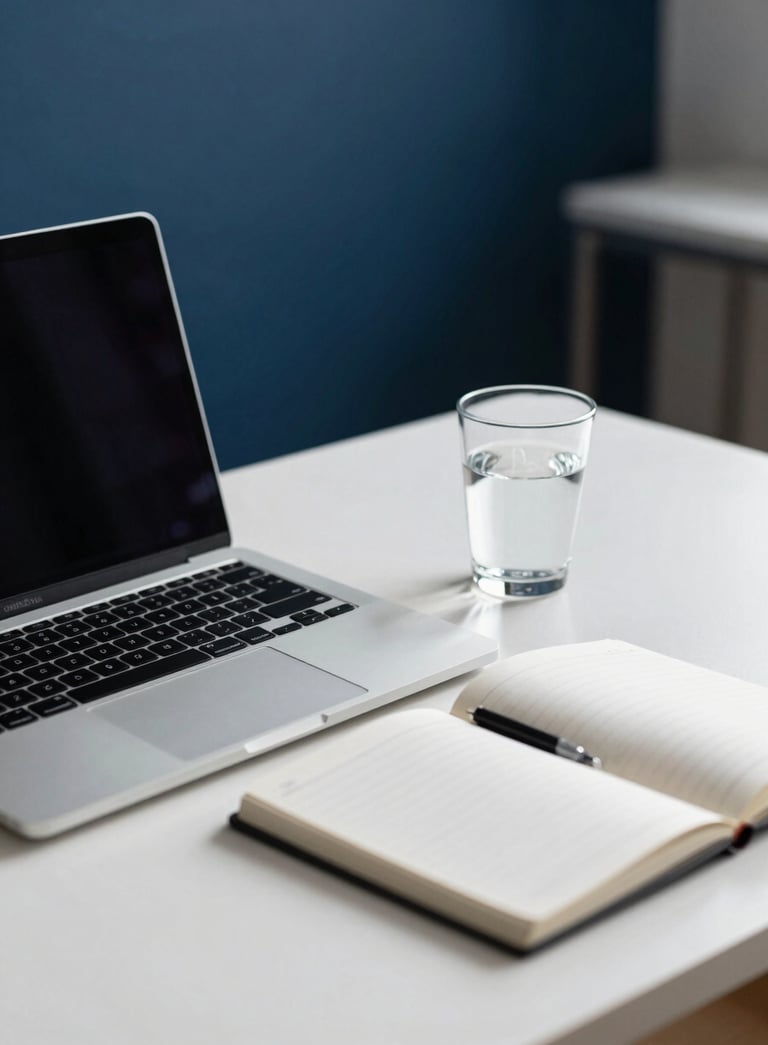 Minimalist professional desk in a French study, featuring a sleek silver laptop, a white notebook, and a glass of water, with deep blue and white tones in the blurred background.