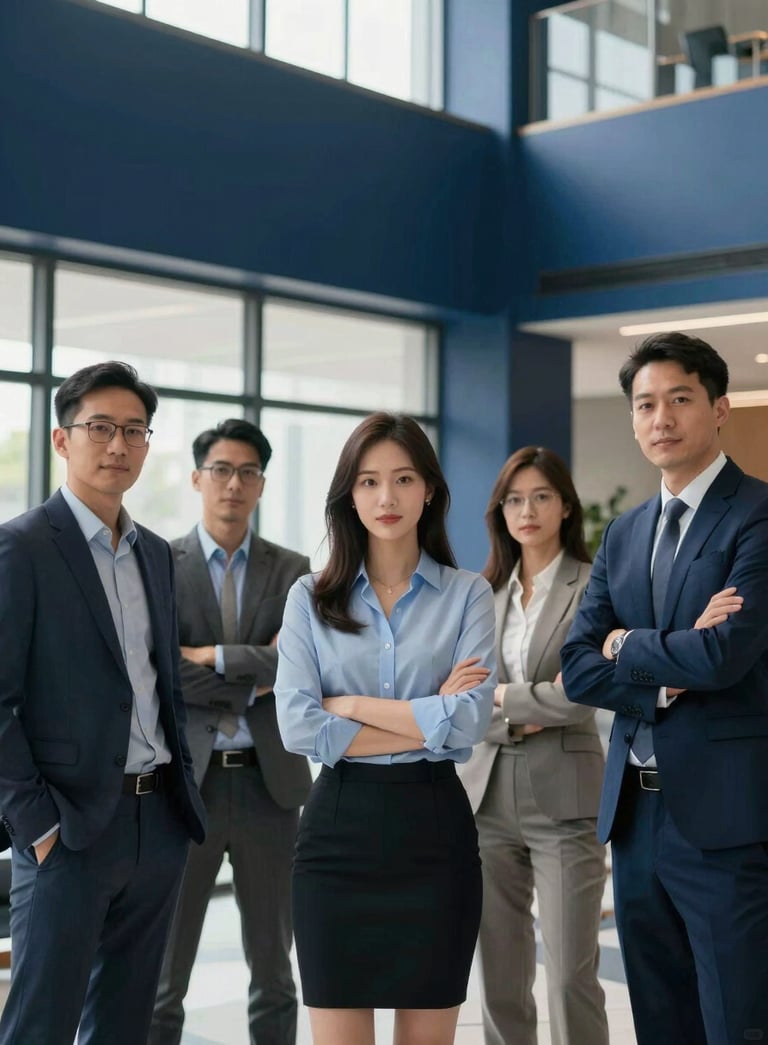 A group of confident IT professionals in an International / Global corporate lobby, dressed in modern business attire, with natural light and Deep Navy Blue architectural elements.