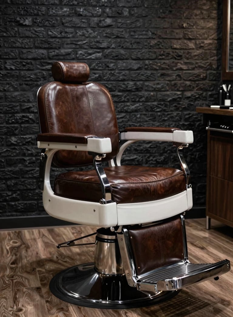 Photography of a luxury vintage barber chair made of leather and chrome, positioned in a modern, masculine studio. The background is a dark, sophisticated brick wall with soft lighting. European / Romanian barbershop atmosphere.
