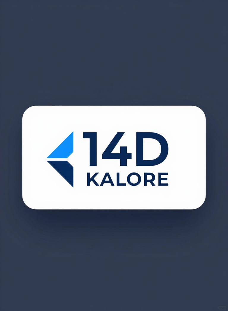 A minimalist corporate logo for 14D KALORE, featuring geometric shapes suggesting growth and stability, using #8CB3C7 on a professional #1A2E3C background.