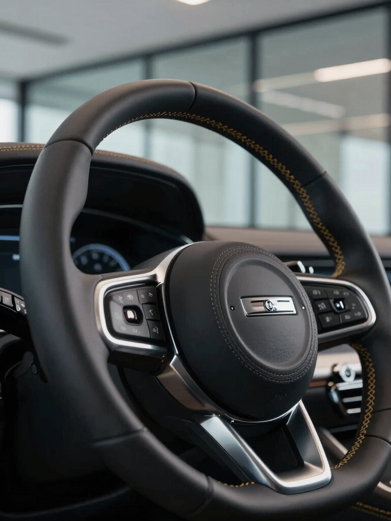 A close-up of a high-end luxury car steering wheel with gold stitching, parked inside a sleek contemporary glass-walled office in North American &amp;amp;amp;#x2F; US. Minimalist, premium, high-trust mood.