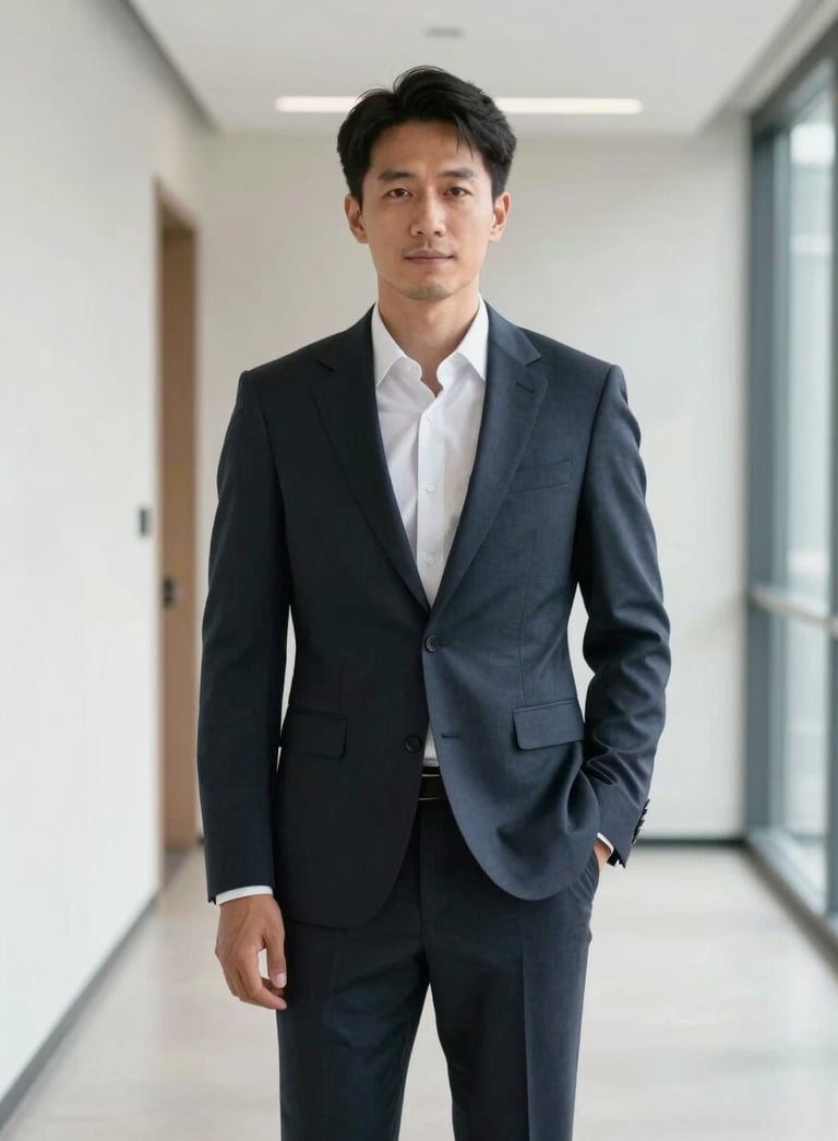 A confident professional in a Deep Charcoal Blue suit standing in a bright, minimalist office hallway with clean lines and Snowy Off-White walls.