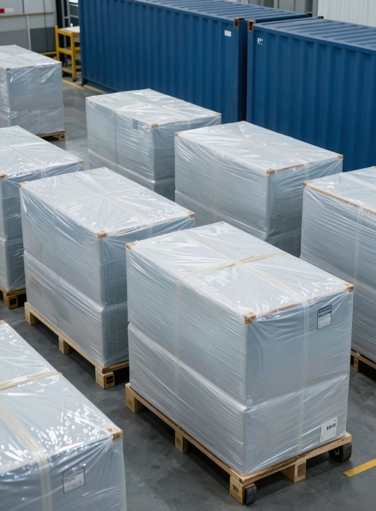 A professional wide shot of a modern logistics center with several neat packages ready for shipment. The color palette is dominated by steel blue and mist white, symbolizing modern efficiency and reliability.