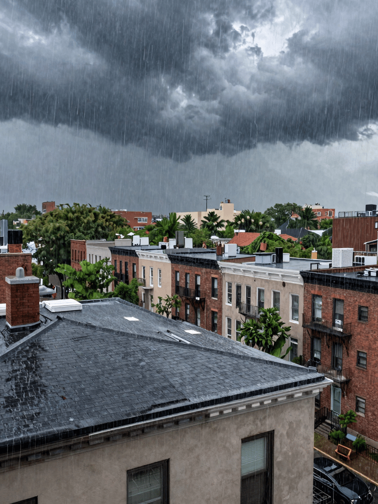 A high-angle shot of a residential rooftop in a New York City neighborhood during a heavy storm. Rain is lashing against the shingles, and dark storm clouds are swirling above. Powerful, cinematic photography, North American / US - New York City.