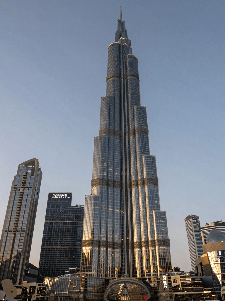 High-end luxury skyscraper in Ajman at dusk, illuminated by golden lights reflecting on its glass facade. Wide-angle architectural photography capturing the modern skyline of the Middle Eastern / Gulf region.