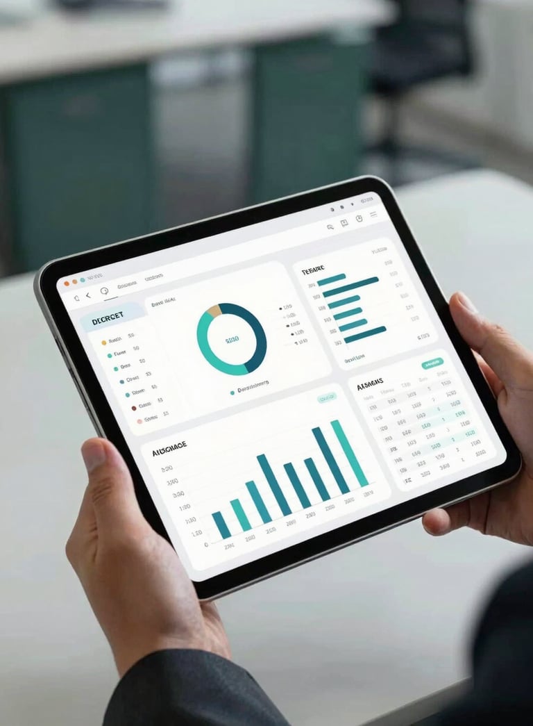 A close-up of a high-end digital tablet displaying a clean, professional data dashboard with performance indicators and project tracking graphs, held by a professional in a corporate suit, with a blurred modern office background in shades of dark green and light gray.