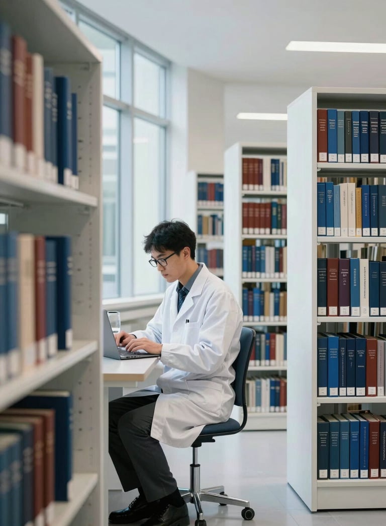A focused doctoral researcher working in a modern International Academic university library, surrounded by glass walls and leather-bound books. Minimalist composition with a professional feel. Palette: Crisp White and Midnight Blue.