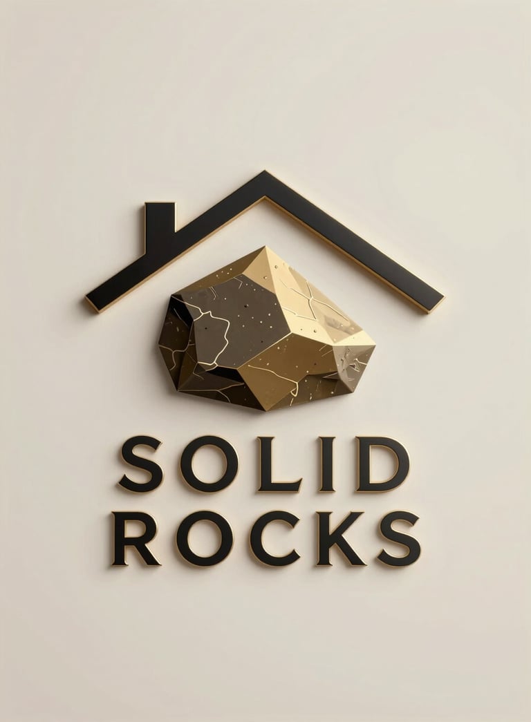 A minimalist and luxury logo for 'SOLID ROCKS' real estate. It features a stylized, geometric rock formation combined with an abstract roof shape, using gold and black colors. The typography is elegant, bold, and modern.