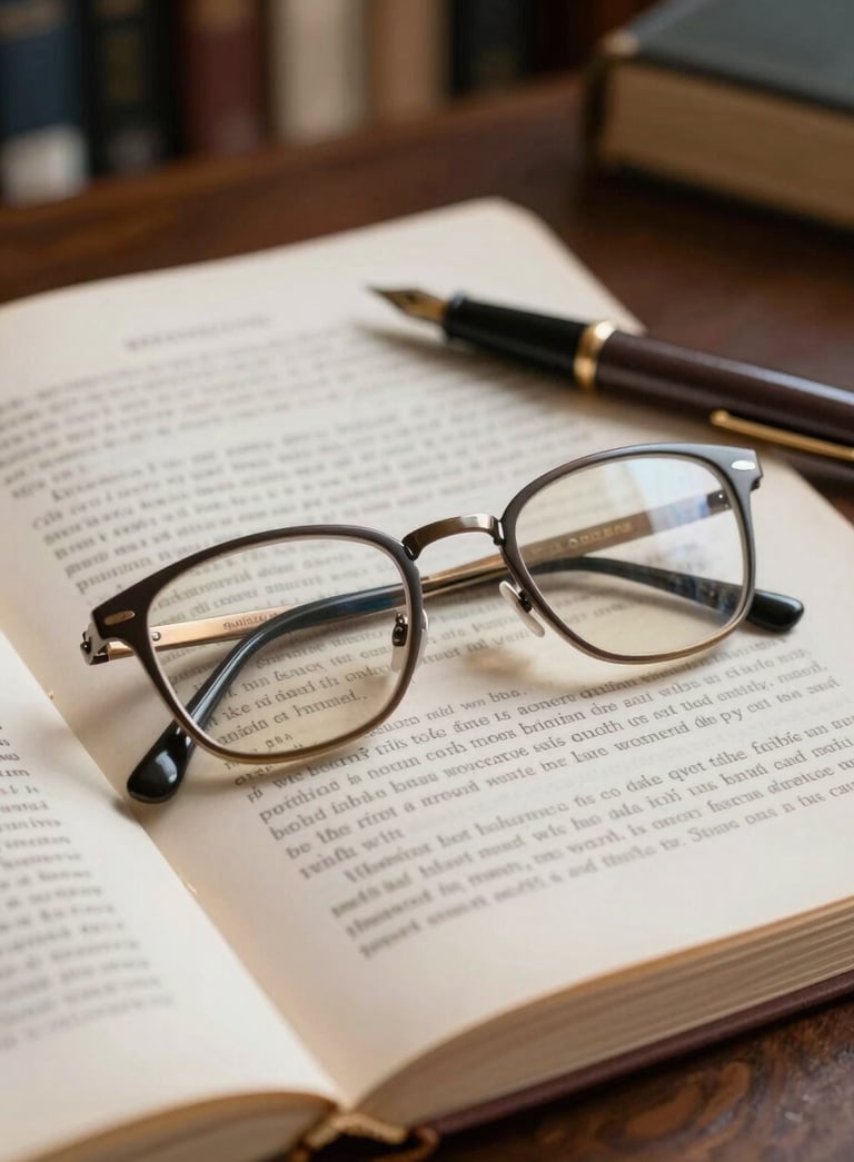 A pair of sophisticated reading glasses resting on a manuscript page in a North American / US library. The scene includes a dark charcoal fountain pen. The aesthetic is scholarly and refined, with soft shadows and a mood of quiet productivity.