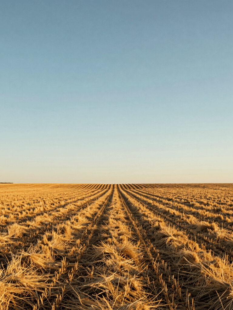 Professional photography of a sun-drenched Southwestern agricultural landscape at golden hour, featuring neat rows of harvested straw against a clear sky, clean and airy composition.